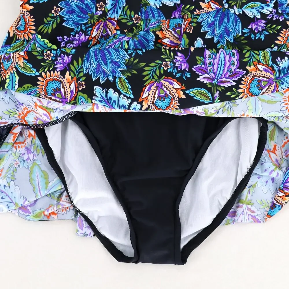 Swim Solutions Women Floral Boho V-Neck Tummy Control Tiered Swimdress Size US 8 - Picture 4 of 6